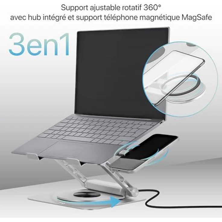 T'nB iClick 360° Verstellbarer Aluminium Notebook-Ständer bis 17 Zoll mit abnehmbarem 6-in-1 USB-C Hub und MagSafe-Telefonhalterung – Bild 2