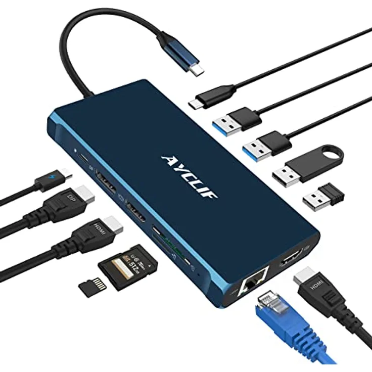 12 in 1 USB C Hub für MacBook Pro/Air, AYCLIF USB C Docking Station Triple Display 4K DP/2*HDMI, USB C Adapter (5Gbit/s USB A/C 3.0,1g Ethernet, PD 100W, 3,5 mm MIC, SD/TF) für Dell, HP, Lenovo