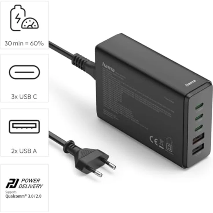 Hama Ladestation 5 Ports, GaN Schnellladegerät mit 3xUSB-C und 2xUSB-A, PD, 140 W, schwarz – Bild 4