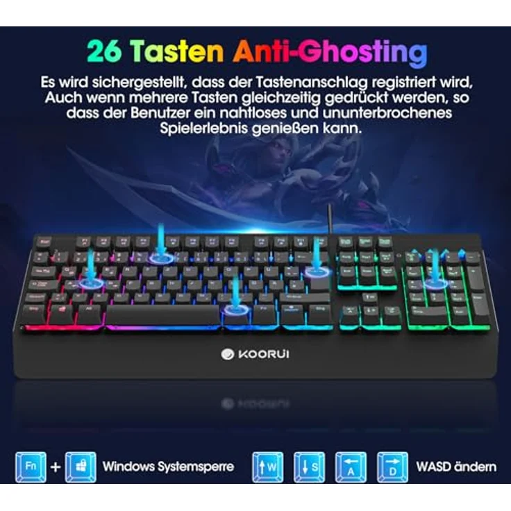 KOORUI Gaming Tastatur K0104, Deutsches QWERTZ-Layout, Handballenauflage, Anti-Ghosting, USB, 12 Multimedia Tasten, spritzwassergeschützt, schwarz – Bild 2
