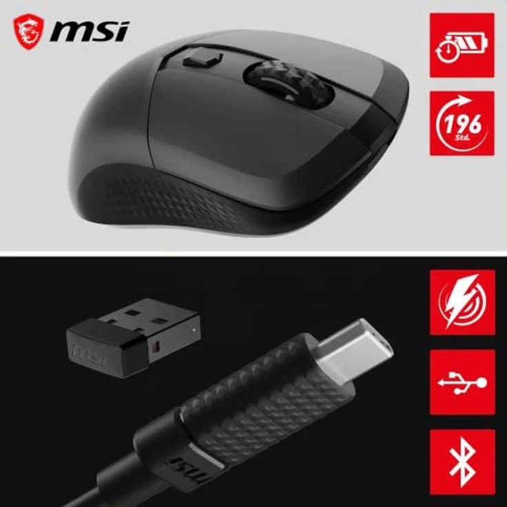 MSI VERSA 300 8K, Ergonomische Bluetooth Maus mit 2.4 GHz, 6 Tasten, USB 2.0, Schwarz – Bild 5