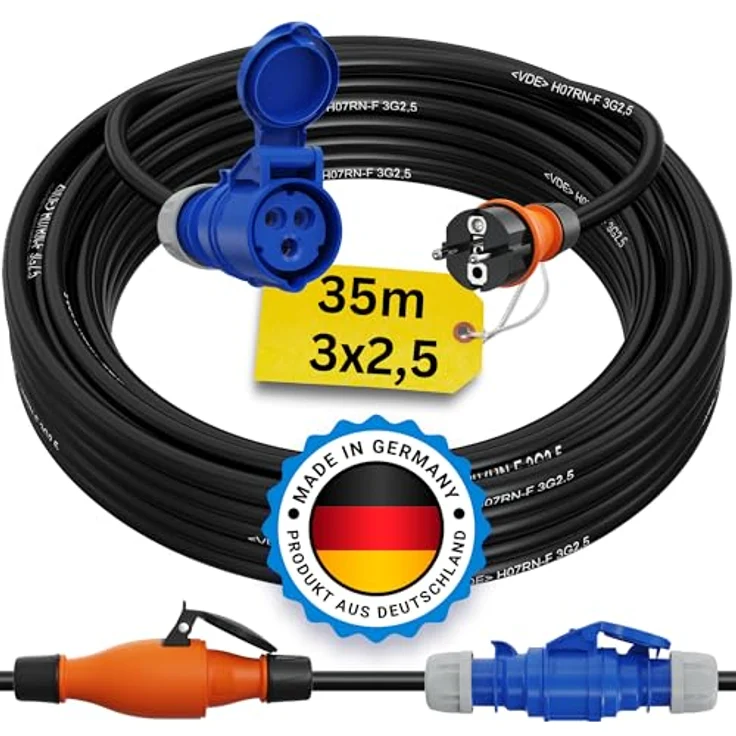 netbote24 Schuko auf CEE Adapter 35m, Camping Stromkabel H07RN-F 3x2,5, wetterfest und flexibel für Wohnmobil und Garten – Bild 1