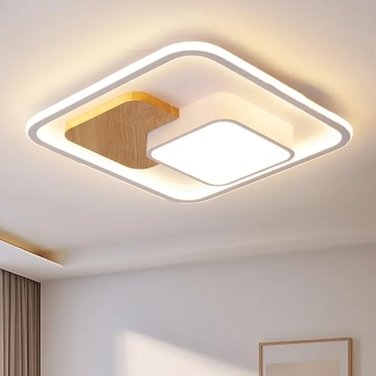 Style home Deckenleuchte LED 93W Holz Bürolampe, dimmbar mit Fernbedienung, moderne Lampe für Schlafzimmer Wohnzimmer Büro, 52 x 52 x 8,5 cm (Holz)