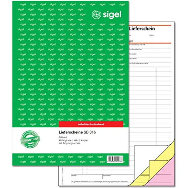Sigel Formularblock Lieferschein A4 hoch, mit bedrucktem Empfangsschein auf 1., 2. und 3. Blatt, beschriftbar mit Hand und Schreibmaschine