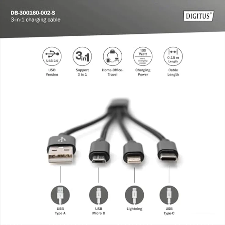 Digitus USB Kabel USB A- Lightning+micro B+Type-C M-M-M-M 15cm – Bild 2