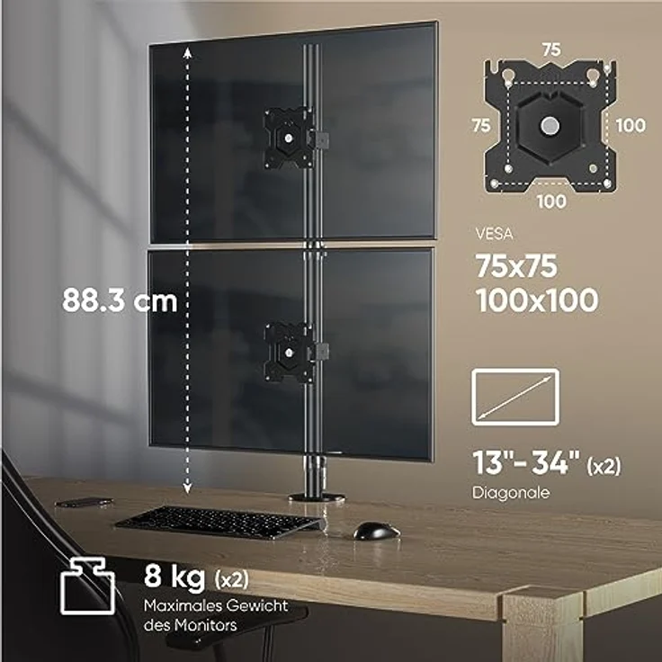 ONKRON Monitor Halterung 2 Monitore/Monitor Arm 2 Monitore 13-34 Zoll schwenkbar & neigbar 8kg (x2) min VESA 75x75 max VESA 100x100 Tischhalterung Schwarz D208E – Bild 5