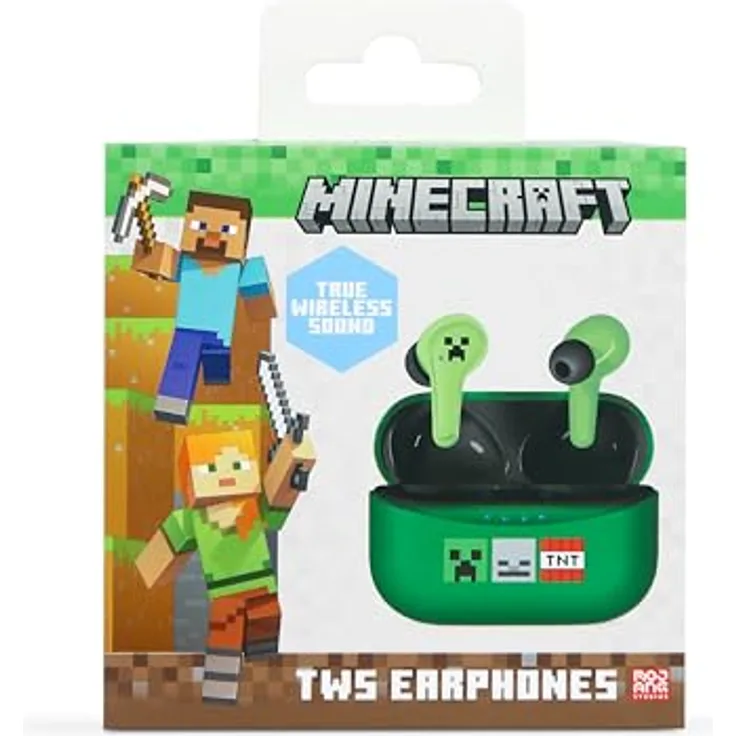 OTL Technologies MC1227 Minecraft TWS Kopfhörer mit kabelloser Ladehülle, Grün - Bluetooth 5.2, Intelligente Touch-Steuerung