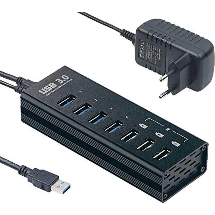Xystec USB Ladehub: Aktiver USB-3.0-Hub mit 4 Ports & 3 Schnell-Lade-Buchsen (BC 1.2), 4 A (USB Hub mit Schnellladefunktion)