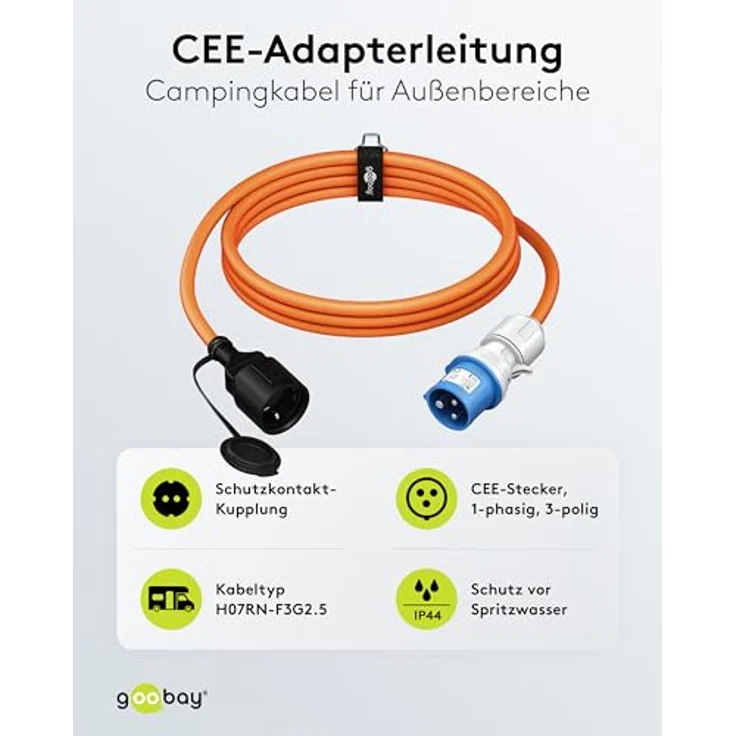 goobay EEC Caravan Adapterkabel 1,5 m, CEE-Stecker auf Buchse mit Schutzkontakt, IP44 für Außeneinsatz, orange – Bild 2