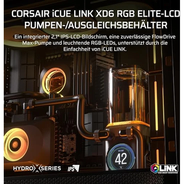 CORSAIR iCUE LINK XD6 RGB ELITE LCD-Pumpen-/Behältereinheit, FlowDrive Max-Pumpe, 480x480 IPS-LCD-Bildschirm, integrierter Temperatursensor, 22 adressierbare RGB-LEDs, Stahlgrau – Bild 2