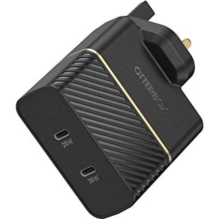 OtterBox Dual Port UK Ladegerät 50W, USB-C PD 30W GaN + USB-C PD 20W, Schnelllade Gerät für Smartphone und Tablets, Sturzgeschützt und Robust, Schwarz
