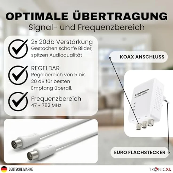 TronicXL Zweigeräteverstärker CATV Verstärker für Kabelfernsehen, 2x 20 dB Verstärkung, Plug & Play, Kompakt, 47-782 MHz Frequenzbereich – Bild 3