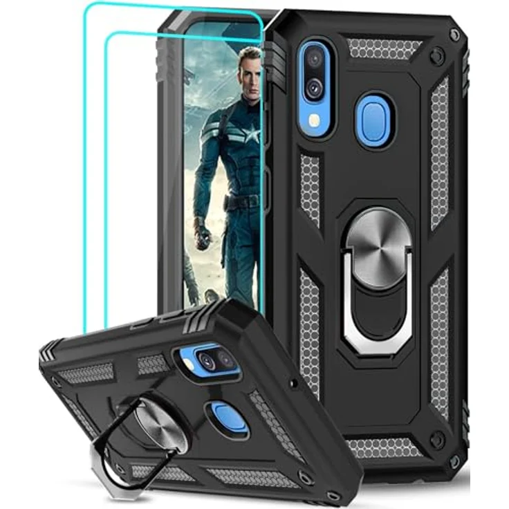 LeYi Schutzhülle für Samsung Galaxy A40, militärisch verstärkt mit doppelter Schicht, Stoßdämpfung, Ringhalterung, TPU/Silikon, Schwarz, 2 Stück Hartglas Displayschutzfolie – Bild 1