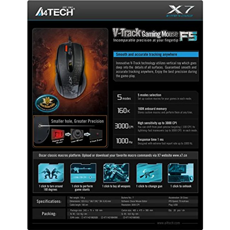 A4Tech F5 Maus USB 3000 DPI Schwarz - Mäuse (rechts, USB, 3000 DPI, 3 ms, Schwarz) – Bild 4