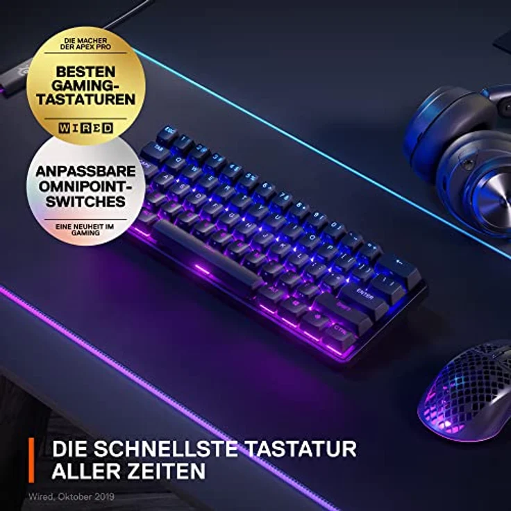 SteelSeries Apex Pro Mini Wireless - Kabellose Mechanische Gaming-Tastatur – Die weltweit schnellste Tastatur – Anpassbares Ansprechverhalten – 60%-Formfaktor – Amerikanisches (QWERTY) Layout – Bild 3