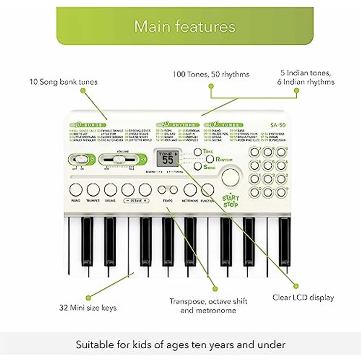 CASIO SA-50 Mini-Keyboard, Midi-Controller mit Hall-Effekt, weiß/limettengrün – Bild 4