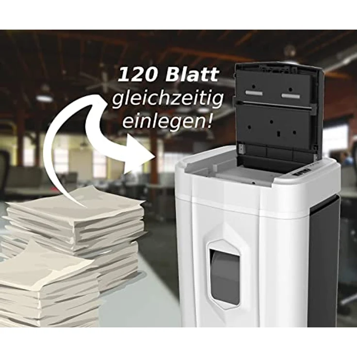 LMG Germany Aktenvernichter Papierschredder Autofeed 120 Blatt, leise, Partikelschnitt, bis zu 10 Blatt manuell, 60 Minuten Dauerbetrieb, weiß – Bild 5