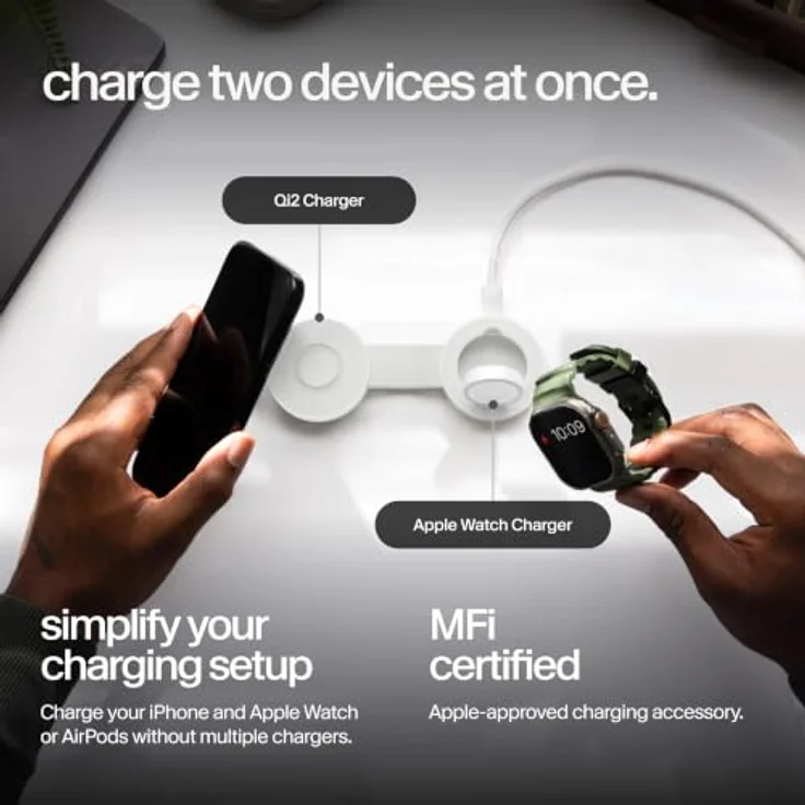 Twelve South ButterFly SE 2-in-1 Qi2 kabelloses Ladegerät in Grau – Unterstützt iPhones, Apple Watch und AirPods – Inklusive geflochtenem USB-C-Ladekabel, nutzbar mit 30W+ USB-C-Netzteil – Bild 2