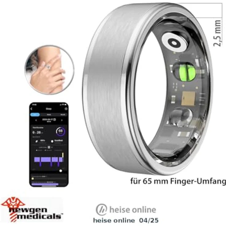 Newgen Medicals Smart Ring, Fitness-Tracker-Ring mit SpO2, Herzfrequenz, Schlafanalyse, mattsilbern, Gr. 65 – Bild 2