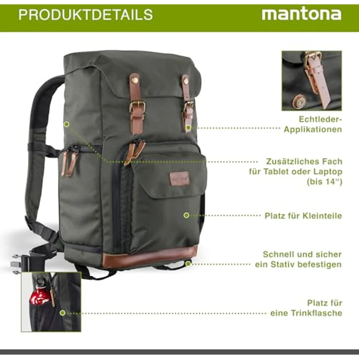 Mantona Luis Retro Fotorucksack (mit Echtleder-Applikationen, inkl. Regenschutzhülle, flexible Einteilung und Laptopfach, geeignet für 1x DSLR-Kamera, 3x Objektive und diverses Fotozubehör) grün – Bild 3