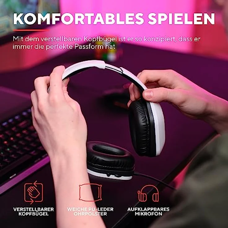 Trust Gaming GXT 415W Zirox Leichtes Gaming Headset mit 50-mm-Treiber für PC, Xbox, PS4, PS5, Switch, Mobile, 2-m-Kabel, 3,5-mm-Audioanschluss, Over-Ear Kopfhörer mit Kabel - Weiß – Bild 5