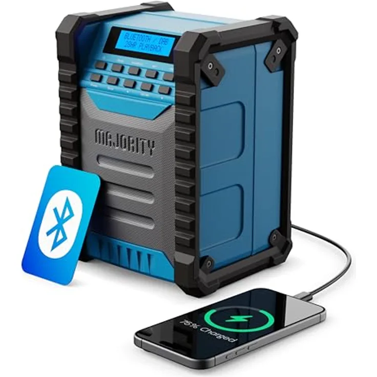 MAJORITY Landbeach Baustellenradio, DAB Radio mit Bluetooth, 10.000mAh Akku, 28 Stunden Laufzeit, IP54 staub- und wasserdicht, 30W Lautsprecher, USB-Powerbank