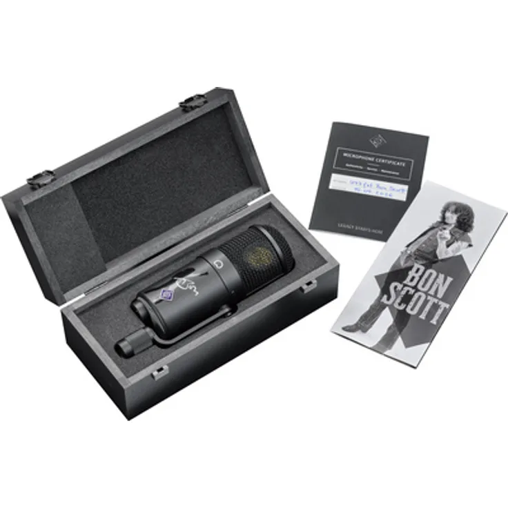 Neumann U47 fet Bon Scott Edition, Großmembrankondensatormikrofon in mattschwarz mit limitiertem Design und Bon-Scott-Grafik, 300 Stück Auflage, inkl. Booklet