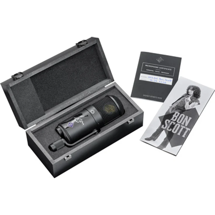 Neumann U47 fet Bon Scott Edition, Großmembrankondensatormikrofon in mattschwarz mit limitiertem Design und Bon-Scott-Grafik, 300 Stück Auflage, inkl. Booklet