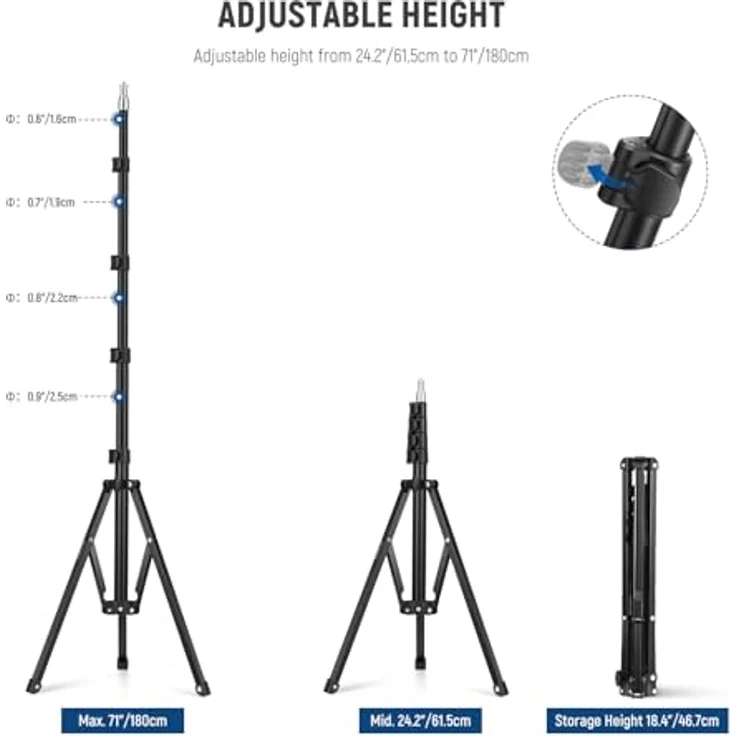 NEEWER ST180R 71"/180cm Tragbares Lichtstativ, Verstellbares Metall Kamerastativ mit Klappverschluss, für Live Streaming und Vlog Videoaufnahmen, kompatibel mit LED Ringlichtern und DSLR Kameras – Bild 3