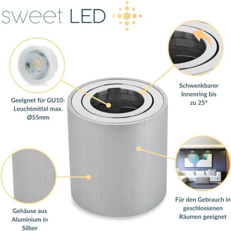 Sweet Led Aufbauleuchte Aufbaustrahler Deckenleuchte Aufputz mit GU10 Fassung 230V Alu-gebüstet schwenkbar Deckenleuchte Strahler Deckenlampe Aufbau-lampe Downlight aus Aluminium (Rund-Silber-alu) – Bild 2