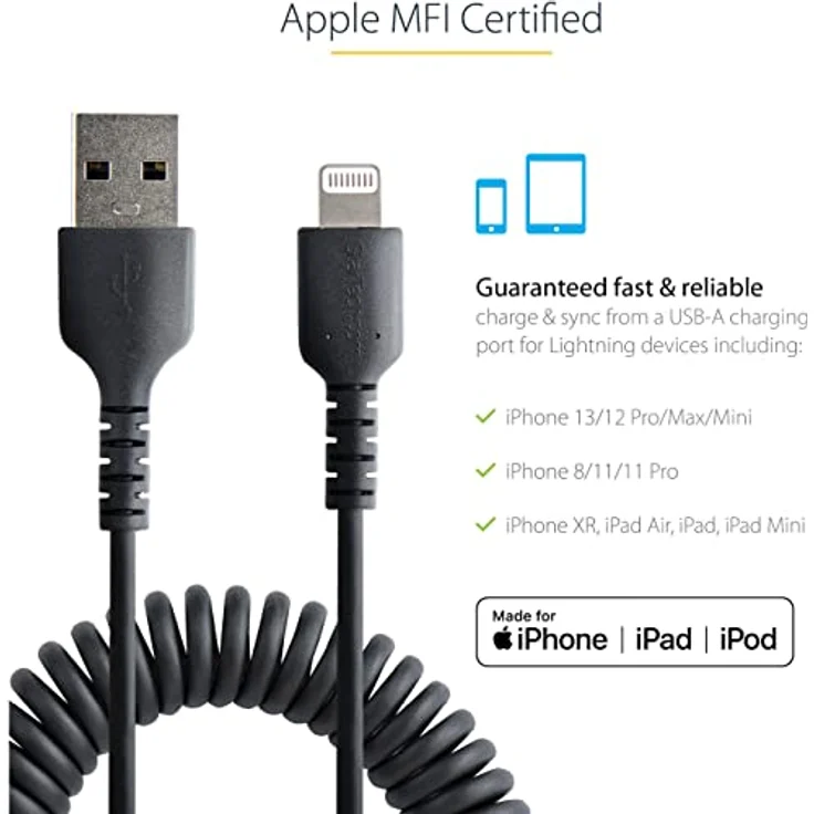 StarTech.com 50cm USB auf Lightning Kabel, Spiralkabel, MFi zertifiziert, Schnellladekabel für iPhone/iPad, Schwarz, robuster TPE Mantel mit Aramidfaser, USB 2.0 Kabel (RUSB2ALT50CMBC) – Bild 5