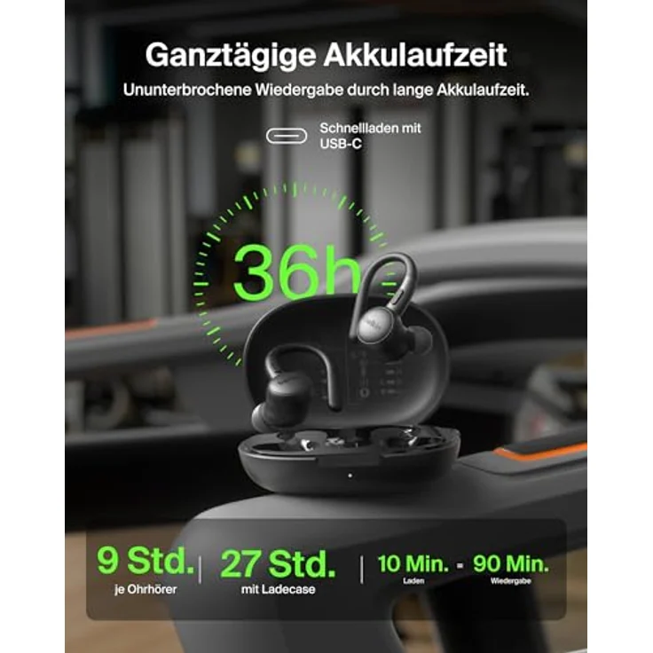 Belkin Activefit Sports In-Ear Kopfhörer AUC016hqBK, kabellos, ANC, 36 h Akkulaufzeit, ergonomisches Design, Schwarz – Bild 2