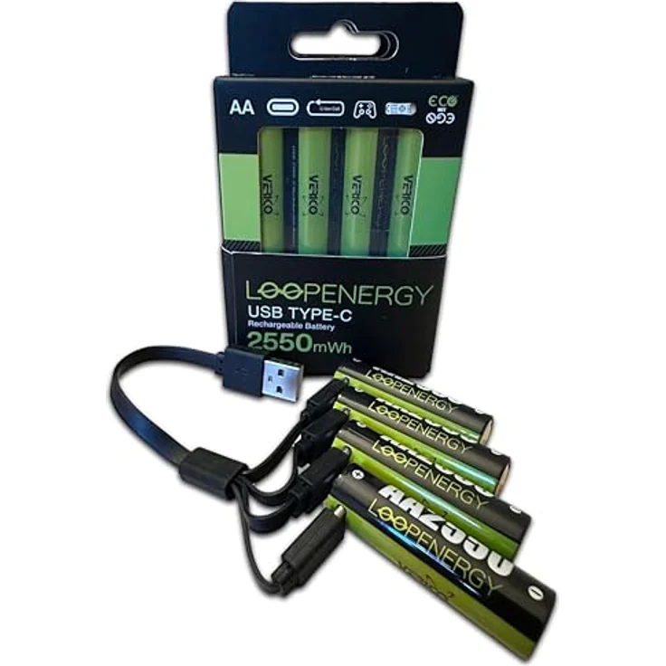 VERICO LoopEnergy AA 2550 Wiederaufladbare USB-C Batterie 12er Pack - Schnellladung in 2 Stunden - Mit 3x USB-A auf 4x USB-C Kabeln – Bild 2