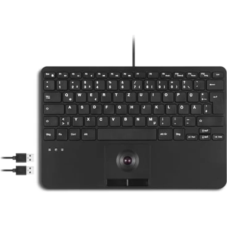 Perixx PERIBOARD-526 DE, kabelgebundene Mini-USB-Tastatur mit Trackball - X-Typ Scherentasten - 2 integrierte USB-Hubs - Schwarz – Bild 1