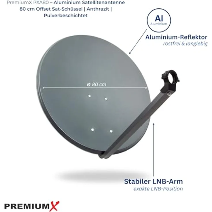 Premium X PXA80 Satellitenschüssel 80cm, Aluminium Anthrazit, Offset-Antenne für digitalen Sat-Empfang, UltraHD 4K geeignet – Bild 2