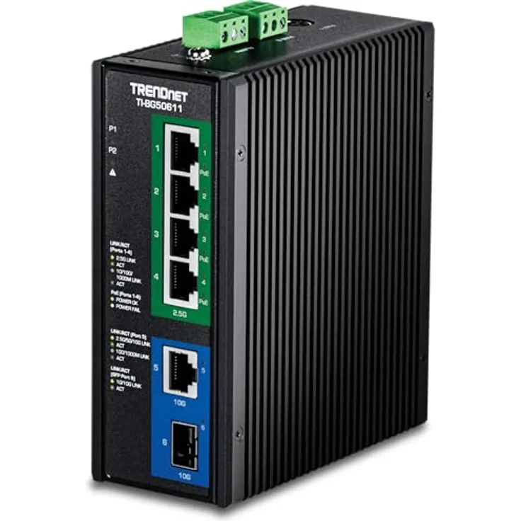 Trendnet TI-BG50611 V1.0R, Industrie Switch mit 6 Ports, 4 x 10/100/1000/2.5G (PoE++), robust, schwarz
