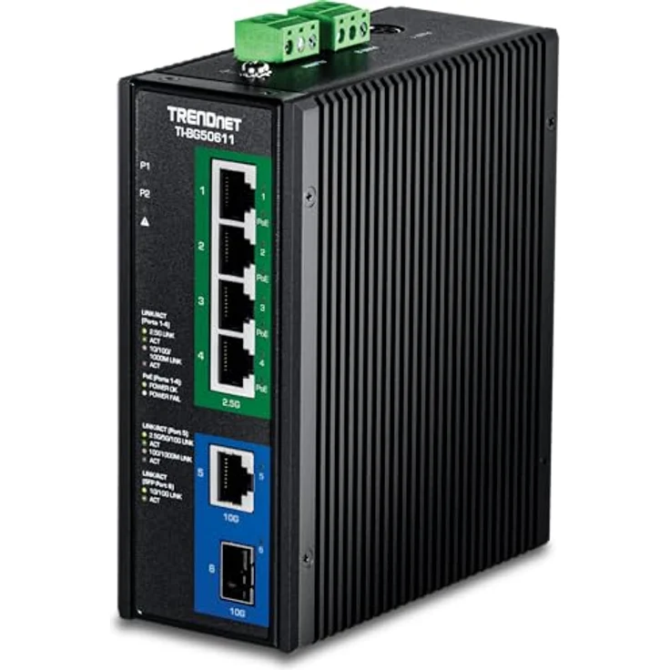 Trendnet TI-BG50611 V1.0R, Industrie Switch mit 6 Ports, 4 x 10/100/1000/2.5G (PoE++), robust, schwarz – Bild 1
