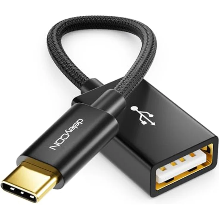 deleyCON 10cm USB-C auf USB-A OTG Kabel Adapter, Schwarz – Wendbarer C-Stecker, 480 MBit/s, kompatibel mit iPhone 17/16 Pro Max, iPad, MacBook Pro/Air, Galaxy S25/S24/S23/S22 – Bild 1