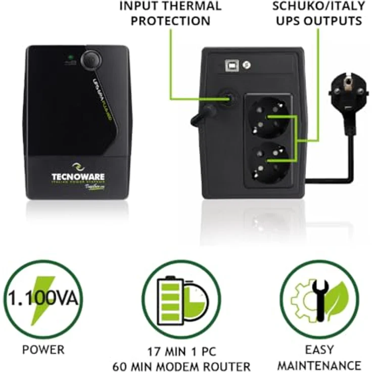 Tecnoware Era Plus Unterbrechungsfreie Stromversorgung (USV), 1100 VA, einphasig, Pseudo-Sinuswelle, AVR-Stabilisierung, Schwarz – Bild 2
