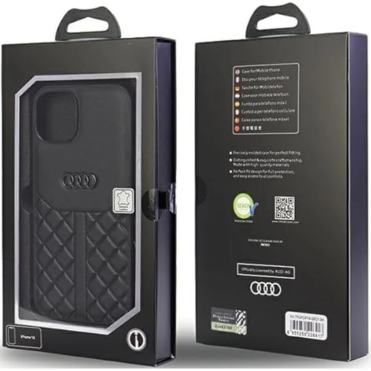 Audi Genuine Leather iPhone 14 6.1" Hardcase, Schwarz, TPU/Naturleder, schlankes Design, geprägtes Rhombenmotiv, Zugang zu allen Tasten und Ports – Bild 7