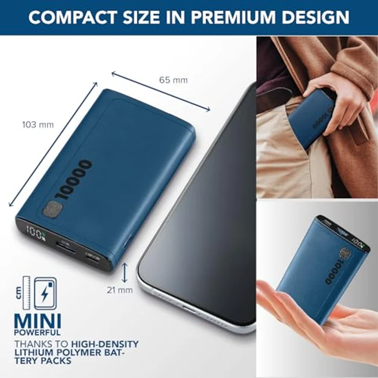 Cellularline Power Bank Elite 10000 PD Blue (60984), Tragbares Ladegerät - 10.000 mAh, 3-faches Laden, LCD-Display – Bild 6