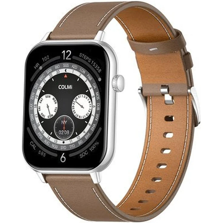 COLMI C28 Smartwatch - Silber, 1,93 Zoll AMOLED-HD-Display, Bluetooth-Anrufe, braunes Lederarmband, KI-Assistent, 100+ Sportmodi