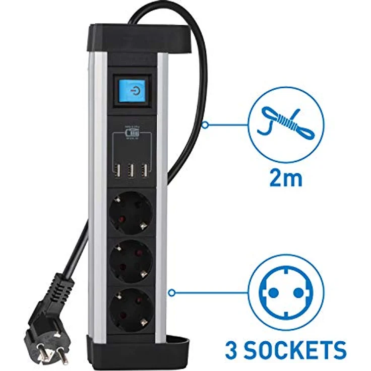 Electraline 62559 Steckdosenleiste 3-Fach Alu für den Schreibtisch + 3 USB 3.4A, Kabel 2m / Mehrfachsteckdose/Tischsteckdose Steckerleiste, Schuko Stecker, Metal, Schwarz, 3 Fach + 3 USB – Bild 3