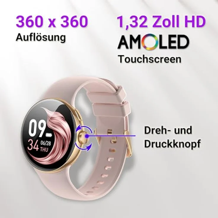 XINJI SmartWatch N2, Bluetooth, AMOLED Touchpanel, Puls-/HRV-/Blutsauerstoff-Messung, Schlafmonitor, 128MB Musikspeicher, Kalorien-/Schrittzähler, 3ATM wasserdicht, gold – Bild 3