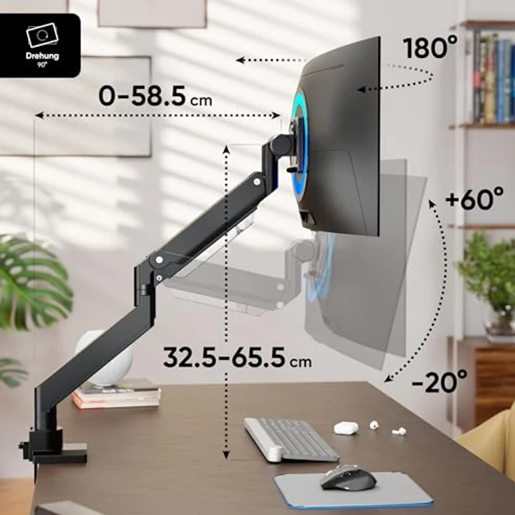 ONKRON Monitor Halterung Tisch für 17-57 Zoll Bildschirm bis zu 27 kg, Gasdruckfeder 75x75-200x200 VESA schwenkbar neigbar drehbar Schwarz G130-B – Bild 2