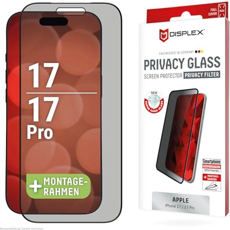Displex Privacy Schutzglas (10H) FC für iPhone 17/17 Pro, Full Cover Displayschutz mit Blickschutz und Eco-Montagerahmen – Bild 1