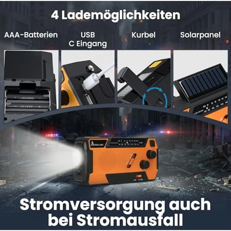 Extralink SR-4000 Notfallradio, Solar & Kurbel mit 4000mAh Powerbank und SOS-LED Taschenlampe, Schwarz – Bild 3