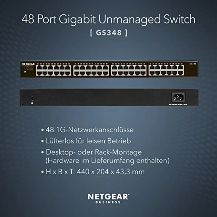 Netgear GS348 Switch 48 Port Switch Gigabit Ethernet (LAN Switch für Desktop- oder Rack-Montage, Plug-and-Play, energieeffizient, lüfterloses Gehäuse für leisen Betrieb) – Bild 2