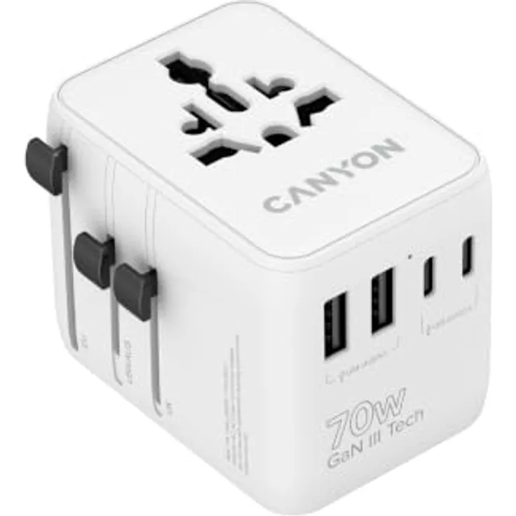 Canyon Universal Travel Adapter OnTour 70, 4 regionale Steckdosentypen, 3 USB-C & 2 USB-A Ports, 7-in-1-Laden bis 70W, GaN-III-Technologie
