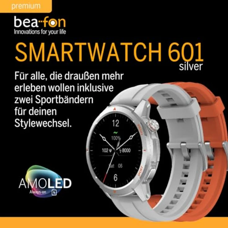 Beafon Smartwatch 601, 1,43“ AMOLED Display, Bluetooth Anrufe, GPS, Kompass, Höhenmesser, IP68, 5ATM, orange Sportband – Bild 5